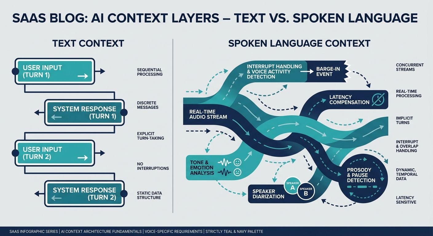 Comparison diagram showing text versus spoken language context for voice-specific architectural requirements.