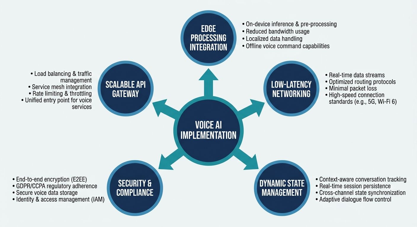 Hub-and-spoke diagram mapping out practical implementation strategies for voice AI networks.